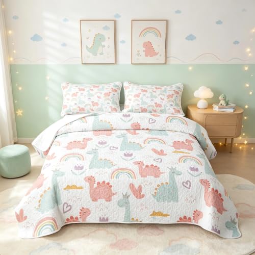 Pink Green Dinosaur Quilt Set Twin Size with Pillowcase - Cartoon Dino Bedspread for Kids