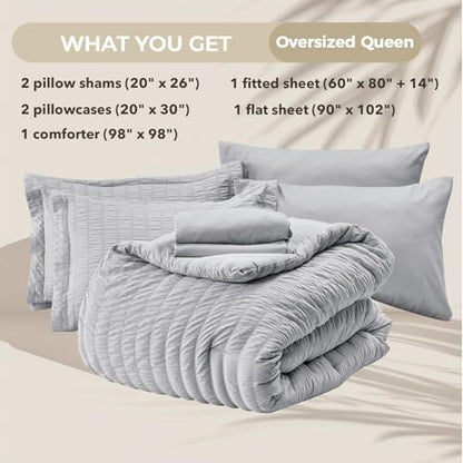 HYMOKEGE Light Green Twin Comforter Set Seersucker 5 Pieces, All Season Luxury Bed in a Bag for Bedroom, Bedding Set with Comforters, Sheets, Pillowcase & Shams