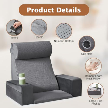 Reading Pillow for Bed with Armrests, Cup Holder & Pockets, Back Support Cushion