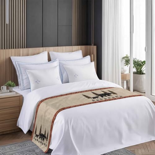 King Size Black Bear Rustic Bed Runner with Cream, Red Variations 102x20 Inches