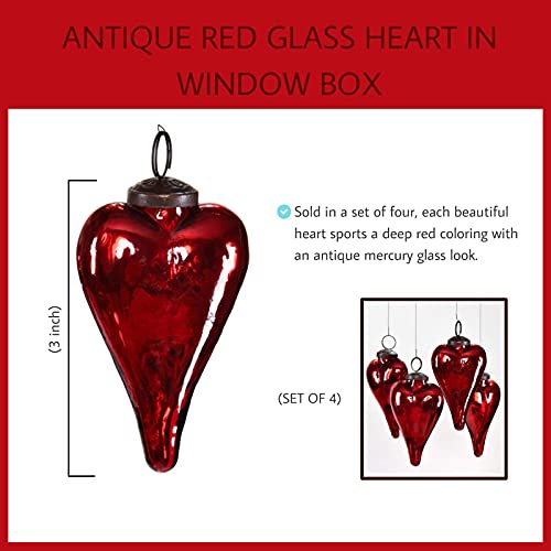 Set of 4 Antique Red Glass Heart Ornaments for Christmas & Valentine Decor