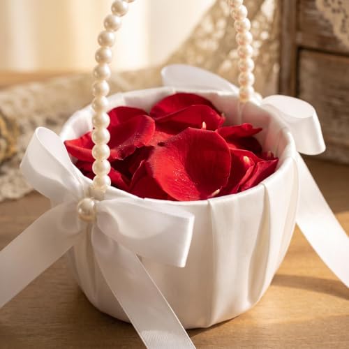 Flower Girl Basket for Weddings Ivory Pearl Bow Handcrafted Decorative Holder
