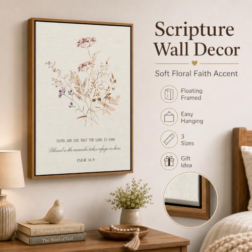 Psalm 34:8 Bible Verse Wall Art Framed Canvas Decor 24x16 Inches - Floral Scripture