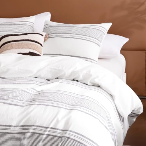 Queen Duvet Cover Set - Striped Lyocell Linen Blend, Dark Gray - Sleep Zone