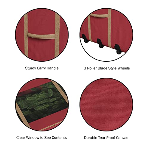 Rolling Christmas Tree Storage Bag - Fits 9 ft Artificial Tree, Red Canvas Duffel with Wheels & Window