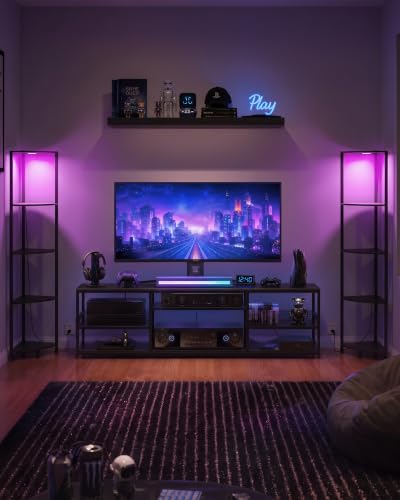 65-Inch Corner Shelf with LED Spotlight 5-Tier Industrial Display Black
