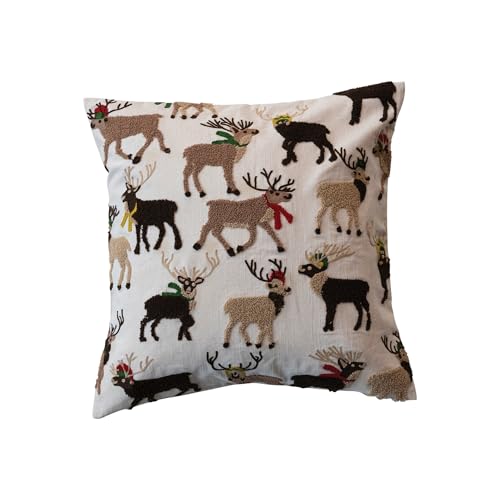 Holiday Square Cotton Pillow with Embroidered Reindeer - Multicolor, 20"