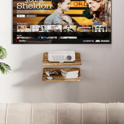 2 Pieces Acacia Wood Wall Mount Floating Shelf for Projector Router Modem TV