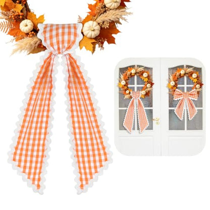 Orange and White Plaid Wreath Sash with Trim - Front Door Decor (Variation: Orange & White)
