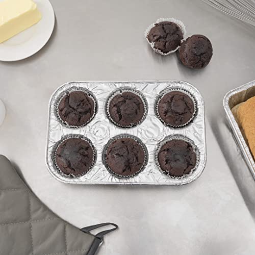 Restaurantware Pastry Tek 9.5 x 6.5 x 1.5 Inch Muffin Tins 25 Disposable Cupcake Pans - 6 Cavities Standard Size Silver Aluminum Baking Pans Durable For Baking Cupcakes Muffins or Mini Pies