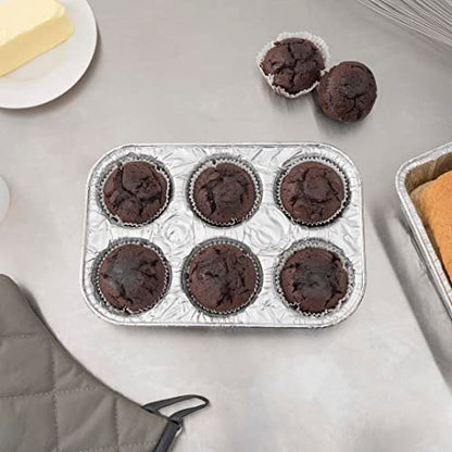 Restaurantware Pastry Tek 9.5 x 6.5 x 1.5 Inch Muffin Tins 25 Disposable Cupcake Pans - 6 Cavities Standard Size Silver Aluminum Baking Pans Durable For Baking Cupcakes Muffins or Mini Pies