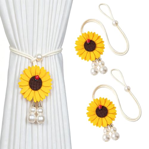 Sunflower Curtain Tiebacks with Ladybug & Pearl - Yellow, Adjustable 2-Pack