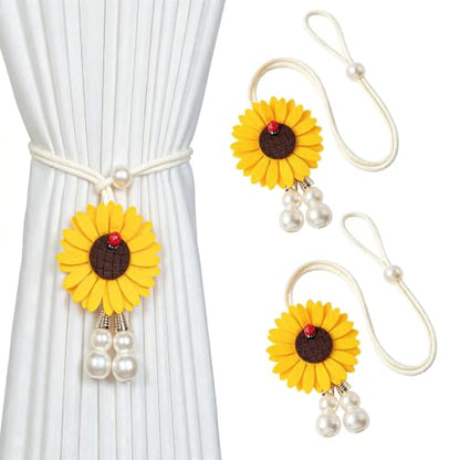 Sunflower Curtain Tiebacks with Ladybug & Pearl - Yellow, Adjustable 2-Pack