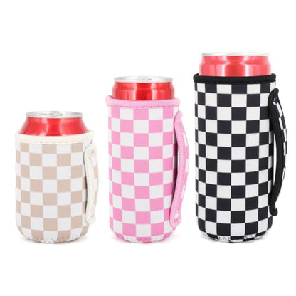 Checkerboard Reusable Can Sleeve with Handle - Set of 3 Insulated Drink Sleeves