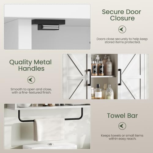 Bathroom Wall Cabinet with Doors and Towel Bar - Wall Mounted Storage Organizer