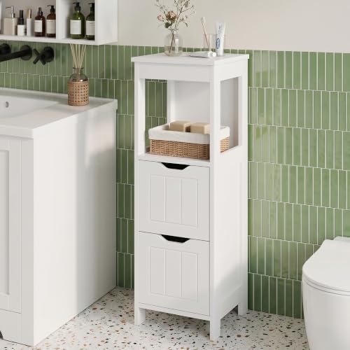 Small Bathroom Storage Cabinet with Drawers & Open Shelf - White - Space-Saving Narrow Design with Farmhouse Style