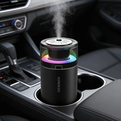 Mini Humidifier with Essential Oil Diffuser - 280ML, Black, Adjustable Light