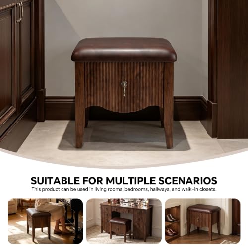 Mid-Century Modern Vanity Stool with Storage Drawer, Walnut