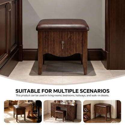Mid-Century Modern Vanity Stool with Storage Drawer, Walnut