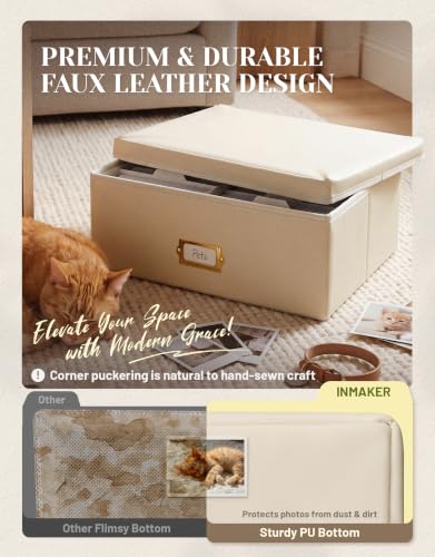 INMAKER Ivory White PU Leather 4x6 Photo Storage Box - Elegant Organizer