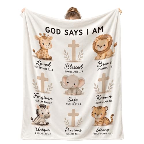 God Says I Am Safari Animal Kids Blanket 40x50 Inches - Christian Nursery Gift - Variation of God Says 01
