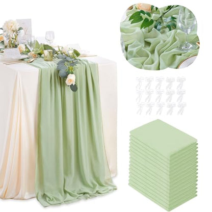 Sage Green Chiffon Table Runner 15 Pieces 27x120 Inches for Party & Wedding Decor - Variation of Sage Green / 15pcs 27x120 Inches