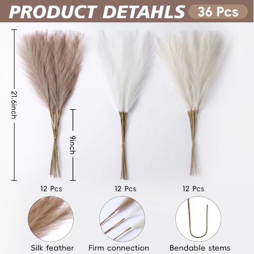 Artificial Pampas Grass Decor Set - Beige, Khaki & White, 21.6 Inch Fluffy Boho Home Accent