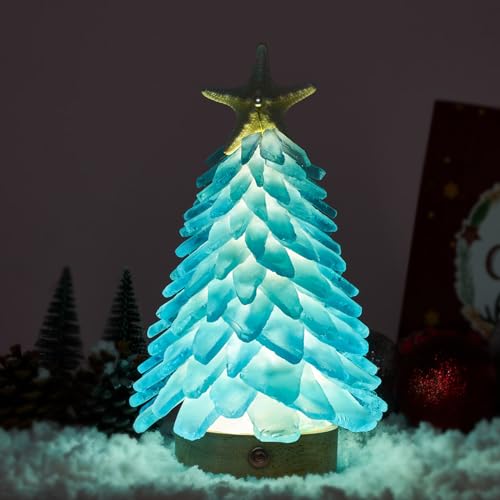 Aquamarine Sea Glass Christmas Tree with LED Lights - Handcrafted Holiday Decor