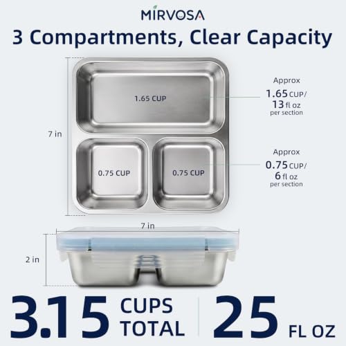 Square 3-Compartment Stainless Steel Snack Containers with Lids for Kids - 4 Pack