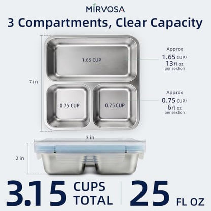 Square 3-Compartment Stainless Steel Snack Containers with Lids for Kids - 4 Pack