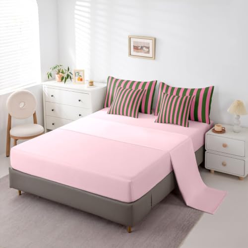 Bubblegum Pink & Green Striped Twin Bedding Set 7 Pieces for Kids & Girls
