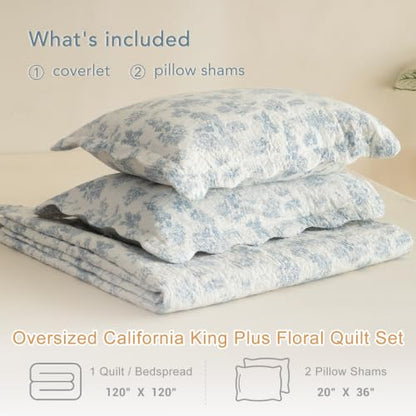 Lady Ann Oversized Floral King Bedspread Set - Light Blue 120x120 Inches, 3 Piece Cotton Quilt with Scalloped Edges, California King Variation