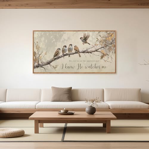 His Eye Is on the Sparrow Christian Wall Art Canvas 40x20 Inch - Framed Religious Decor