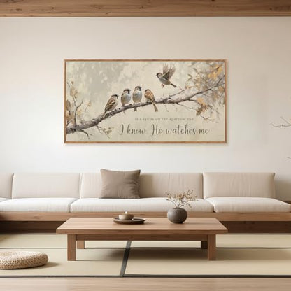 His Eye Is on the Sparrow Christian Wall Art Canvas 40x20 Inch - Framed Religious Decor