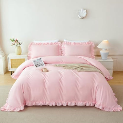 Pink Ruffle Twin Duvet Cover Set for Girls - Soft Polyester Bedding