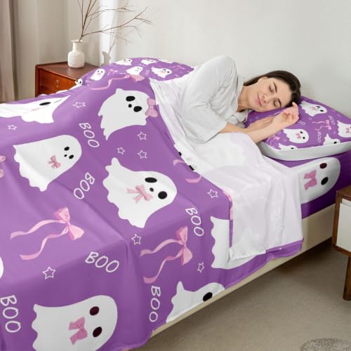 Kids Bed Sheets Full Size Ghost Themed Bedding Set Purple Pink White 44 Inch