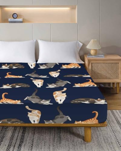 Twin XL Flat Sheet - Cartoon Cats Microfiber Bed Sheets in Yellow Cream Brown Variation