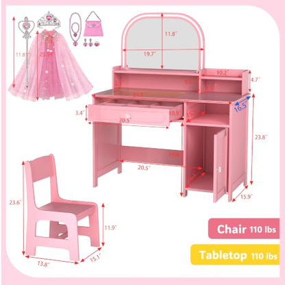 Kids Vanity Set Pink with Mirror Lights and Storage - Toddler Girl Dress Up Desk - All Pink