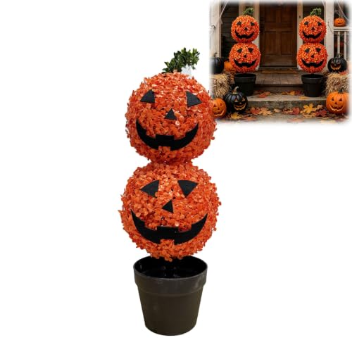 Artificial Pumpkin Topiary Tree - Potted Faux Boxwood Fall Decor, Halloween & Thanksgiving Ornament (Variation A)