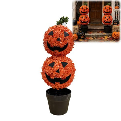 Artificial Pumpkin Topiary Tree - Potted Faux Boxwood Fall Decor, Halloween & Thanksgiving Ornament (Variation A)