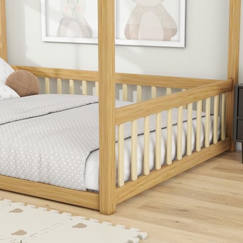 Full Size Montessori Floor Bed with Canopy Frame - Natural