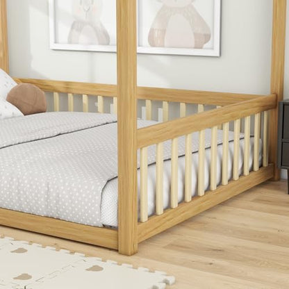 Full Size Montessori Floor Bed with Canopy Frame - Natural