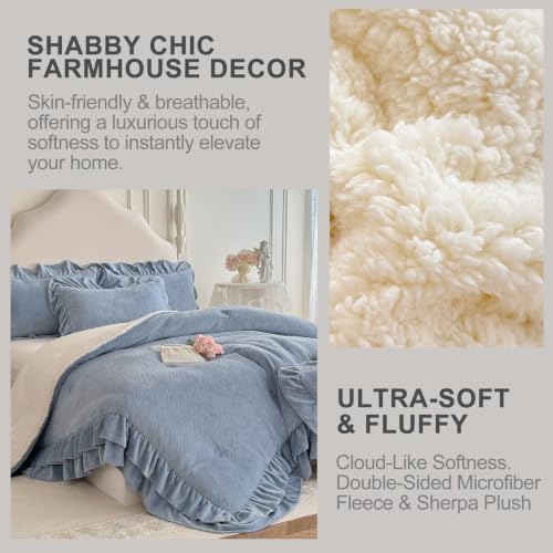 Twin Fluffy Sherpa Comforter Set Blue Ruffle Bedding - Super Soft Fleece
