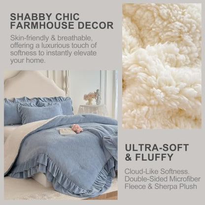 Twin Fluffy Sherpa Comforter Set Blue Ruffle Bedding - Super Soft Fleece