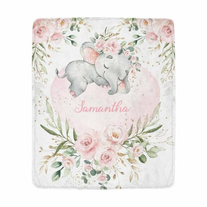 Personalized Baby Blanket with Name - Elephant Floral Watercolor - Watercolor A-01
