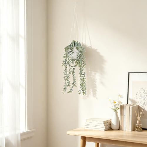 Ivory Fake Hanging Plant with Macrame Pot and Eucalyptus Vines - Durable Indoor Decor