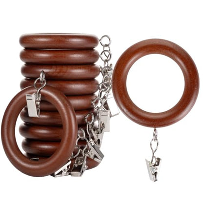 Walnut Wooden Curtain Rings with Clips - 24 Pack, 1.8 Inch Inner Diameter