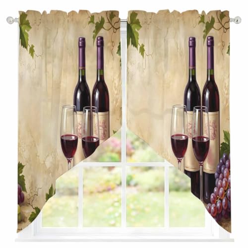 Red Wine Swag Curtains Set with 2 Panels - Burgundy, Moss, Brown, Merlot - 36W x 45L, Rustic Farmhouse Style