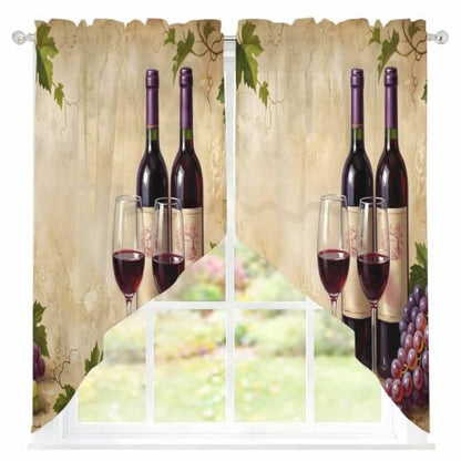 Red Wine Swag Curtains Set with 2 Panels - Burgundy, Moss, Brown, Merlot - 36W x 45L, Rustic Farmhouse Style