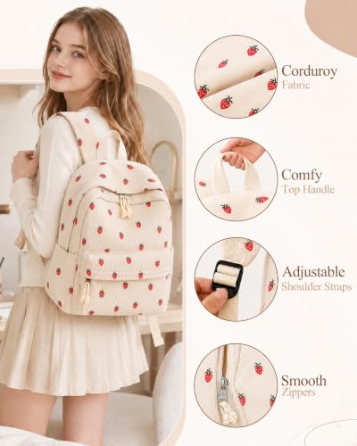 Girls Corduroy Strawberry Backpack for School & Travel - Beige